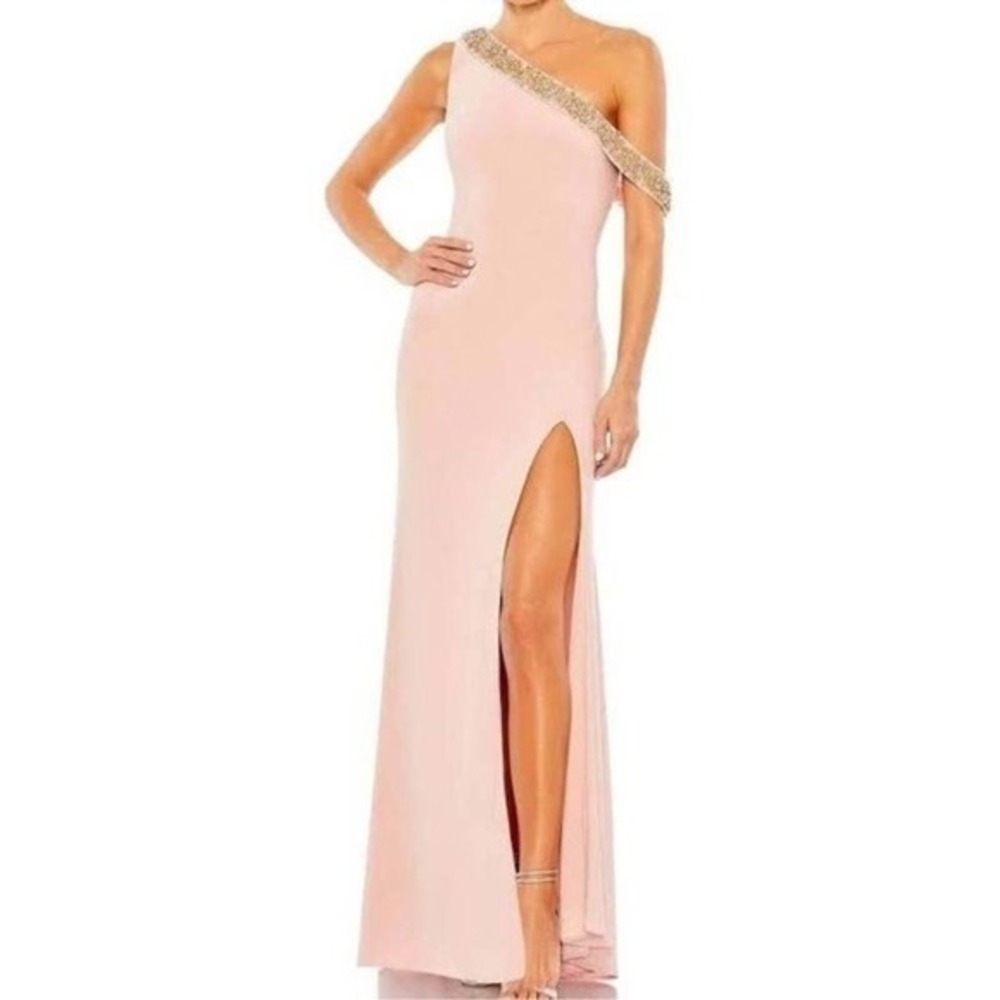 Mac Duggal Size 14 Light Pink One Shoulder Jeweled Long Maxi Gown Dress - Picture 2 of 8